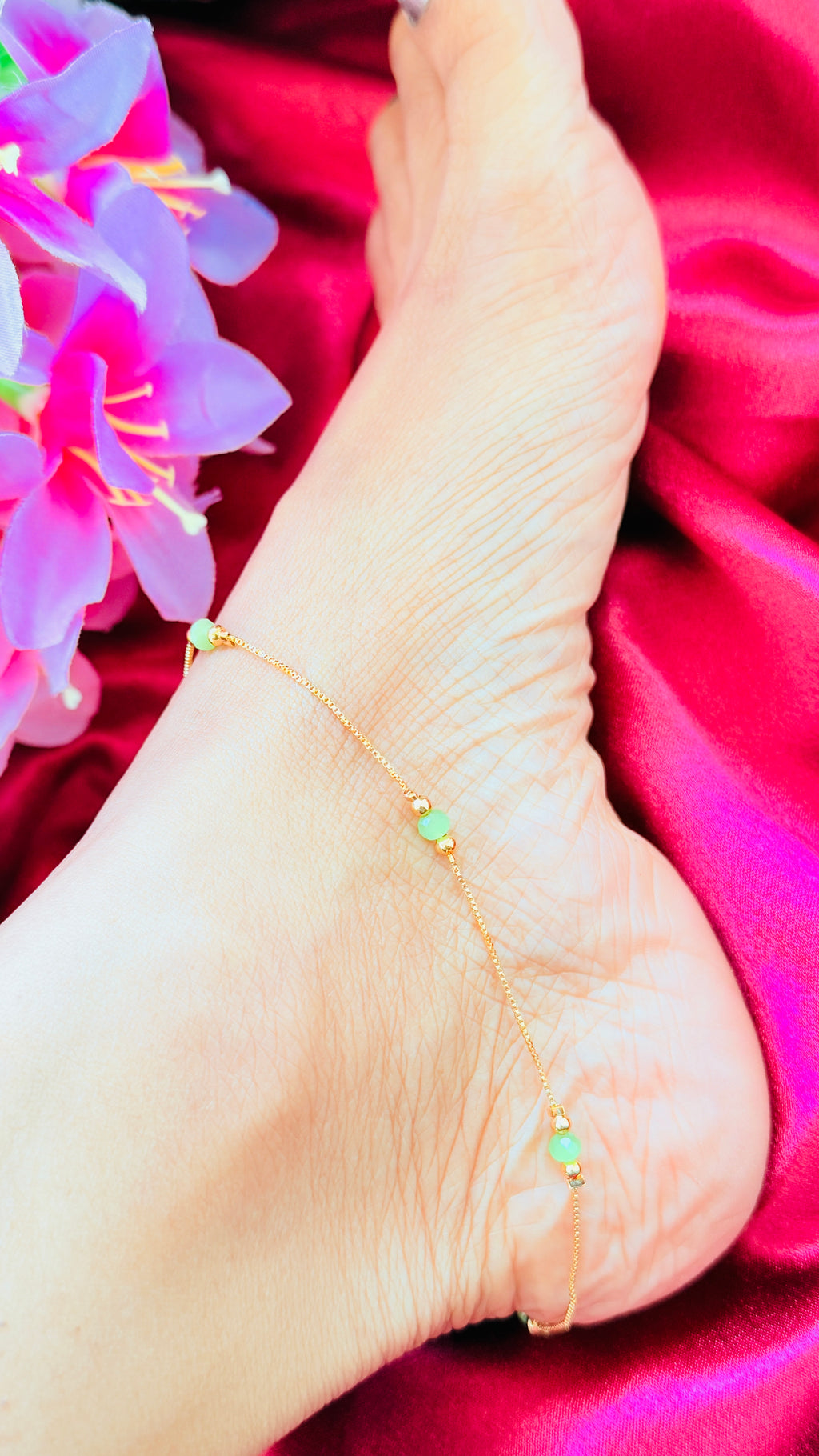 Leaf Green Crystal Bead Gold Plated Anklets RJ270