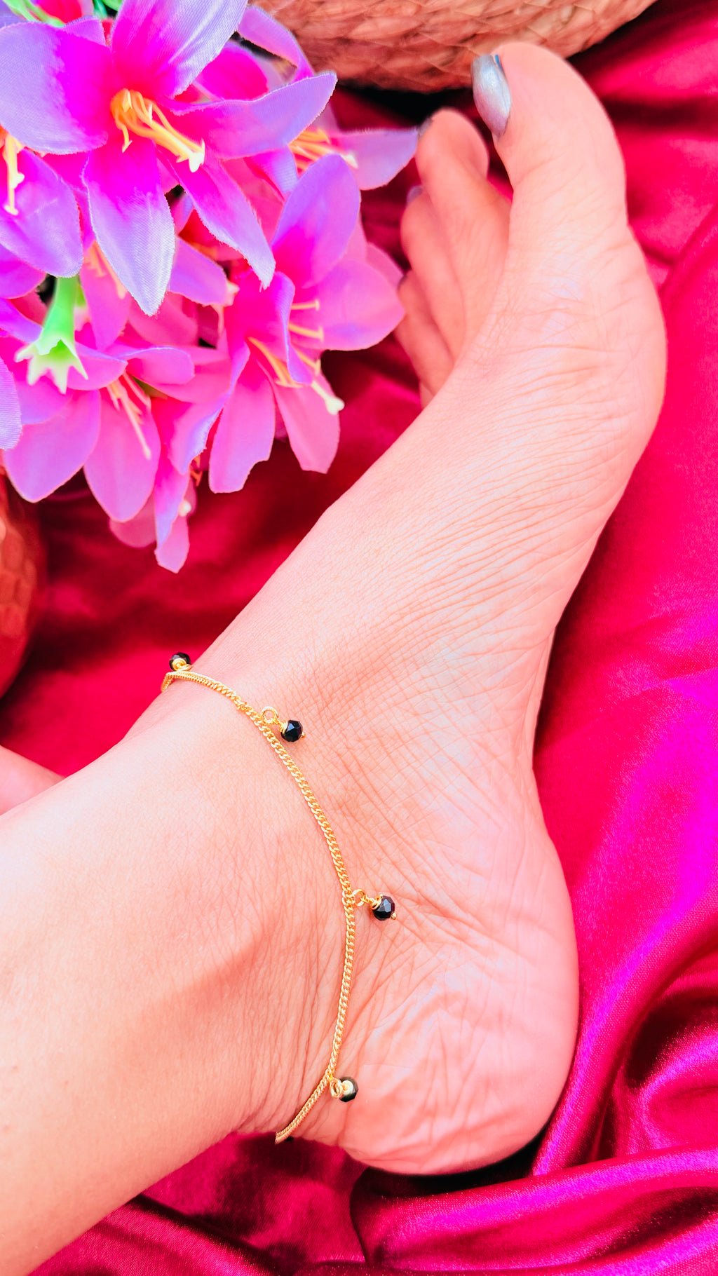 Black Bead Gold Plated Anklets RJ267