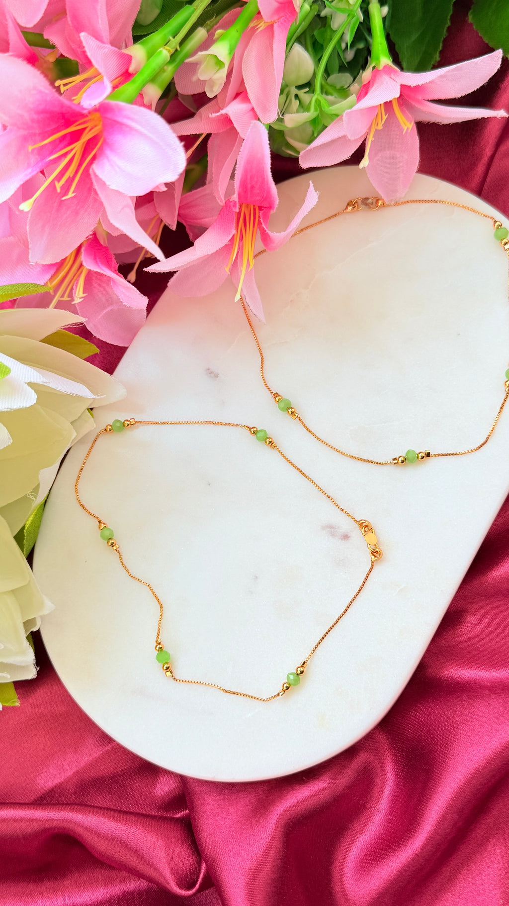 Leaf Green Crystal Bead Gold Plated Anklets RJ270