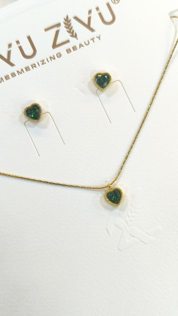 Lovely Emerald Anti tarnish stainless steel neck Chain + Earring RJ96