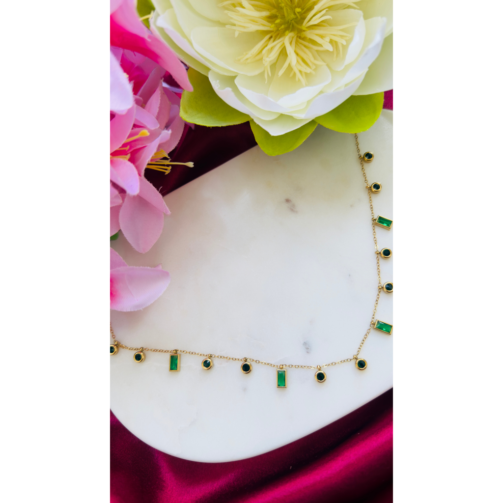 Dew Drops Green Stone Anti Tarnish Stainless Steel Necklace RJ290
