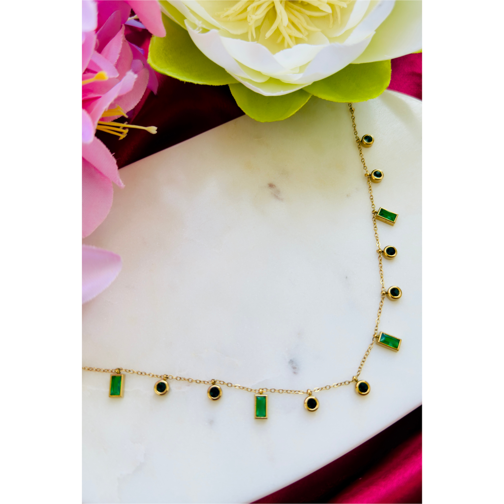 Dew Drops Green Stone Anti Tarnish Stainless Steel Necklace RJ290