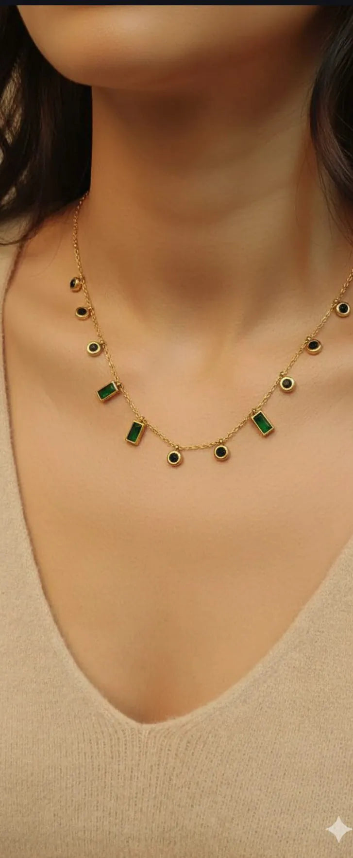Dew Drops Green Stone Anti Tarnish Stainless Steel Necklace RJ290